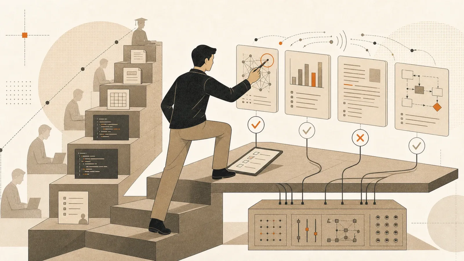A warm-toned illustration. On the left, a staircase whose steps are stacked with spreadsheets, code, and forms, faint figures working at each one and a graduate at the top: the long climb of execution. On the right, a person steps straight onto a platform and points at floating panels showing a network diagram, a chart, a document, and a flowchart, each marked with a check or an X, all wired to a control console below.